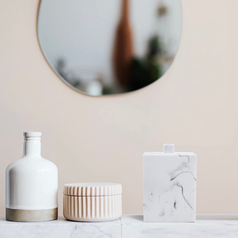 Jung Ford Qtip Holder for Bathroom with Lid â€“ Square Cotton Swab Organizer, Cotton Ball Dispenser, Makeup Pad Container â€“ Marble Look Resin Vanity Storage (White) - Image 2